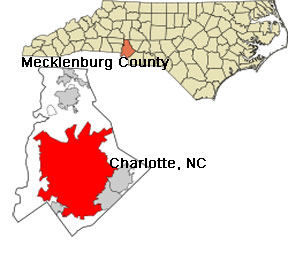 Map of NC showing location of Charlotte