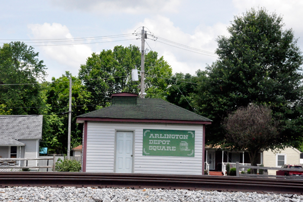 Historic Arlington Depot Square sign RR tracks