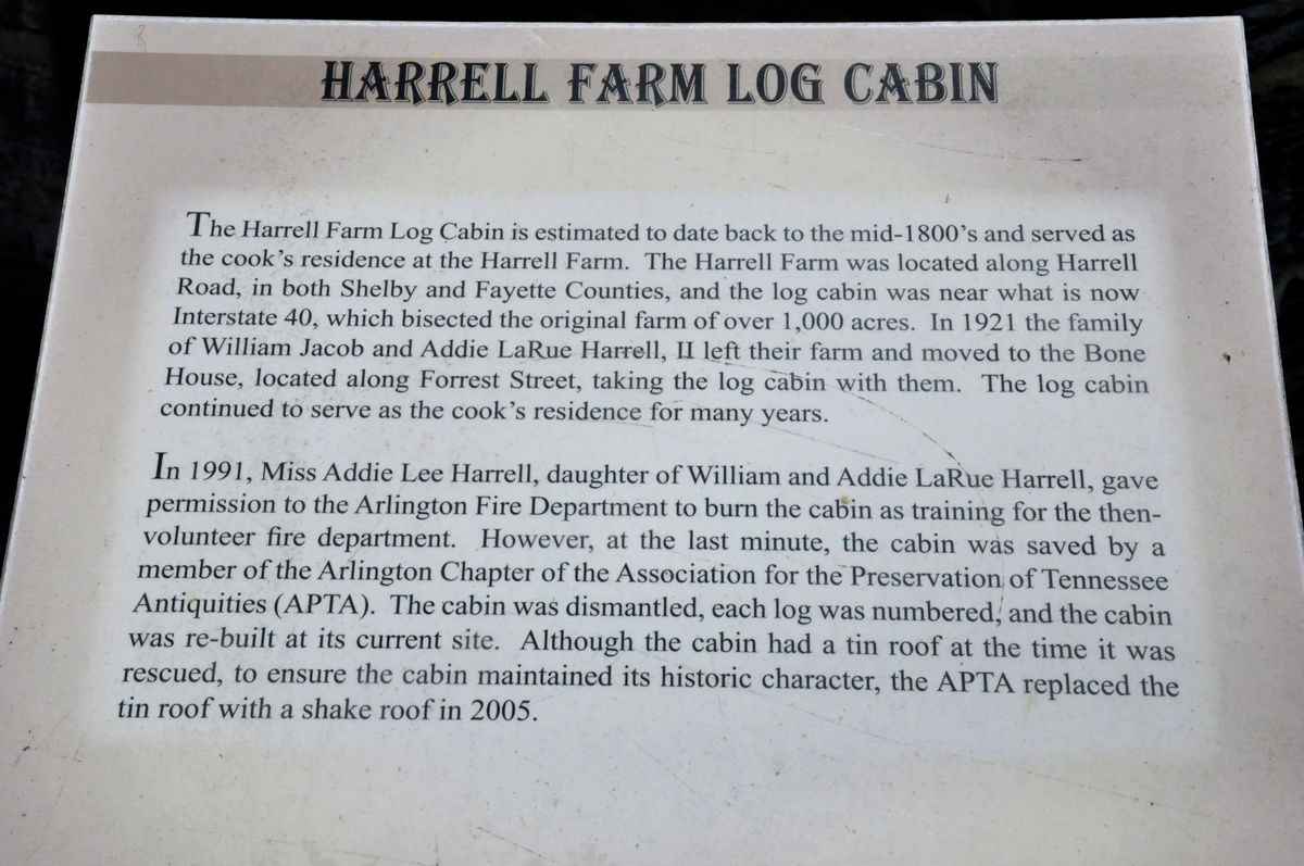 sign about the Harrell Farm Log Cabin