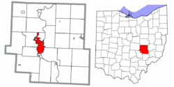 Map of Ohio showing location of Zanesville