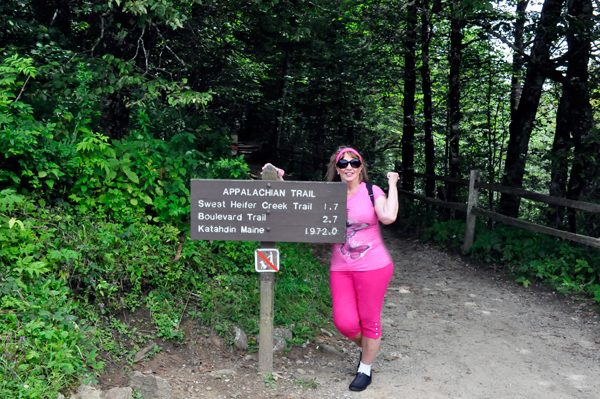 Karen Duquette at th e Appalachian Trail sign