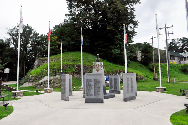 Veterans Memorial Park columns and flags