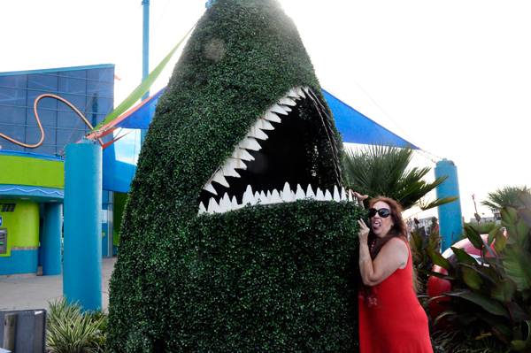 Karen Duquette and a big grassy shark