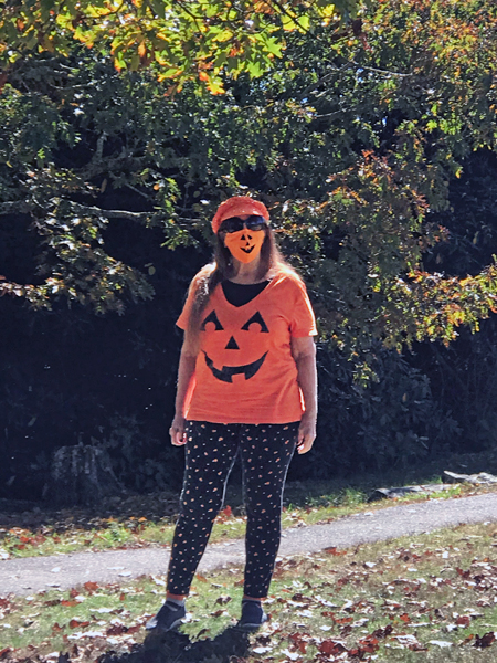 Karen Duquette in her pumpkin outfit