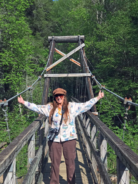 Karen Duquette on The Toccoa River Swinging Bridge