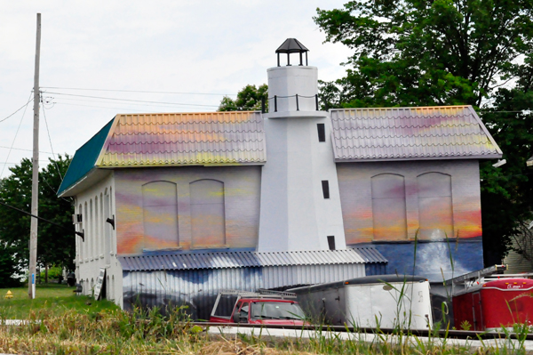 Lighthouse painted on a building