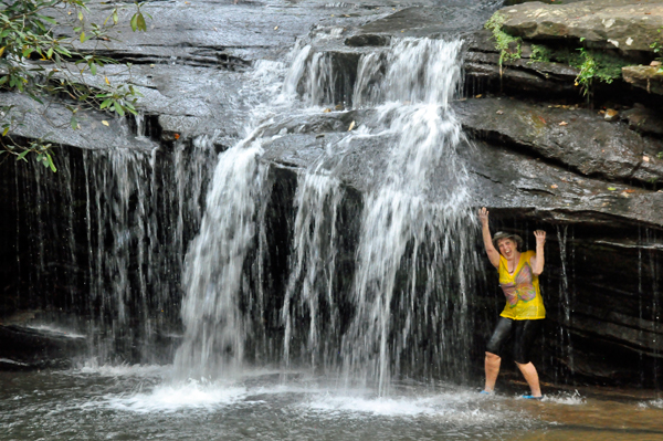 Karen Duquette enjoying the waterfall