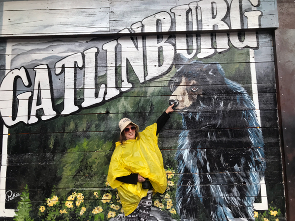 Karen Duquette at a Gatlinburg bear mural