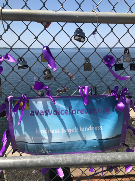 purple ribbons and a sign