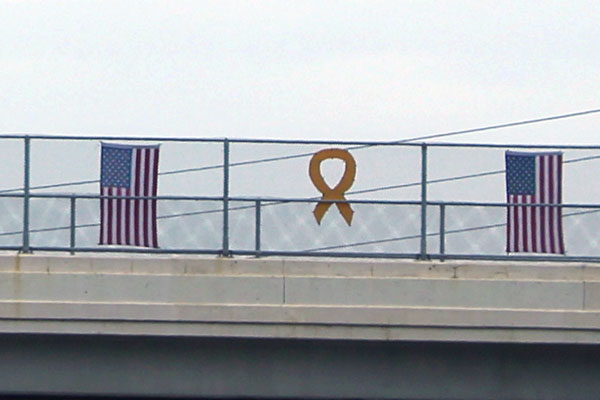 USA flags on a bridge