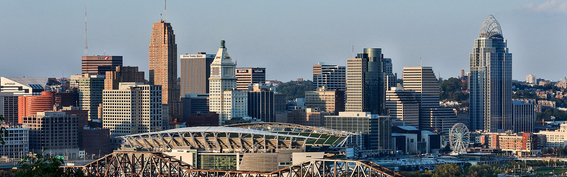view of Cincinnati and the 3 bridges