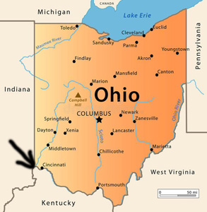 Ohio map showing location of Cincinnati