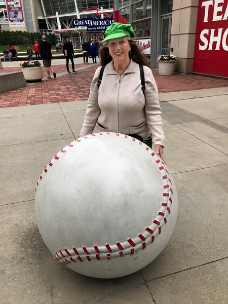 Karen Duquette and a big baseball
