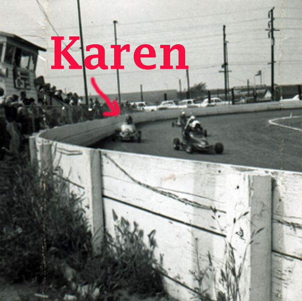 Karen in the race car.