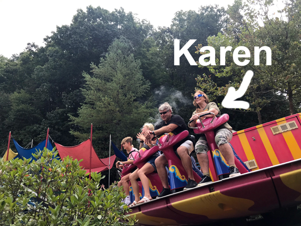 Karen Duquette on a ride in Dollywood