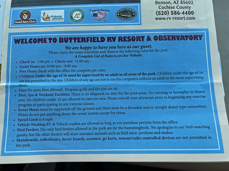 Butterfield RV Resort rules and regulations