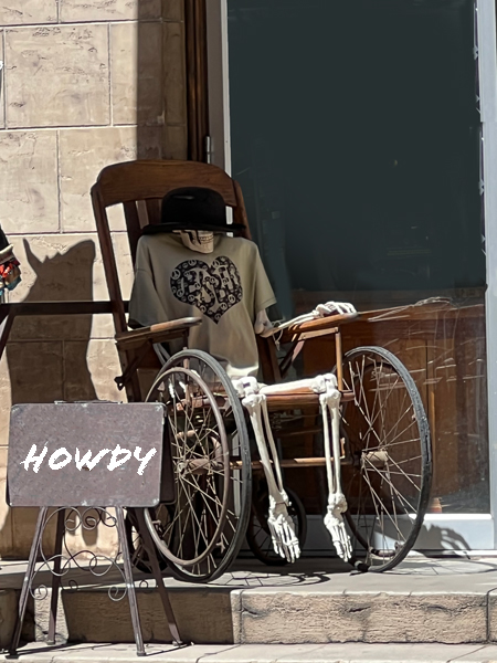 skeleton in wheelchair says Howdy