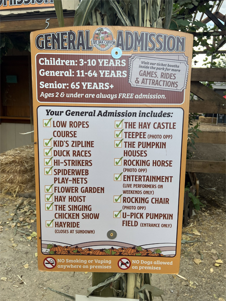 Pumpkin patch general admission sign