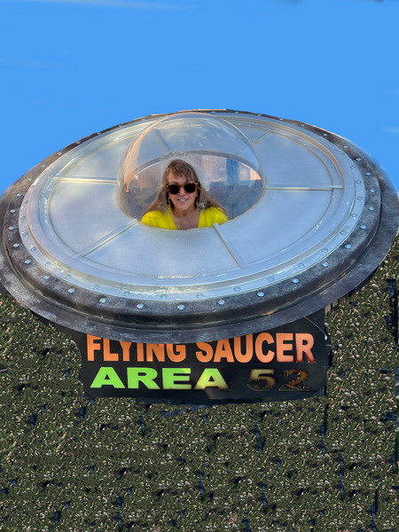 Karen Duquette in a flyuing saucer
