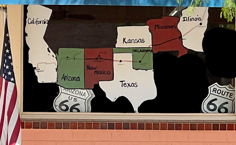 mural showing Rt 66 from Illinois to California
