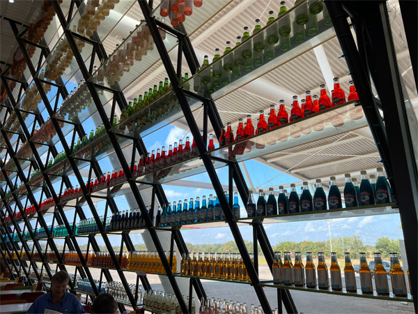 shelves were also decorated with shelves of bottles,