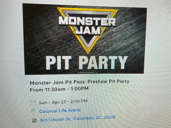 Monster Jam Pit Party sign