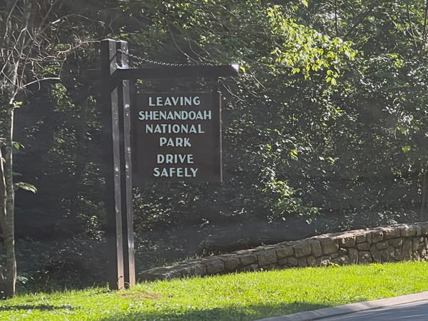 Leaving Shenandoah National Park Drive sign