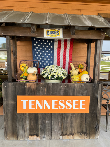 Tennessee sign, pumpkins and flowers