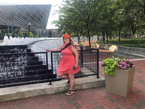 Karen Duquette by the water wall