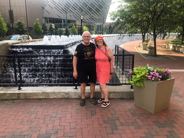 Lee and Karen Duquette by the water wall