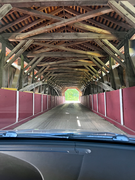 driving throught McGees Mills Covered Bridge