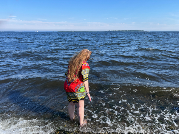 Karen Duquette actually dared walk a bit into the waves.