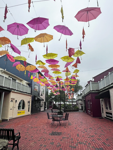 colorful umbrellas overhead