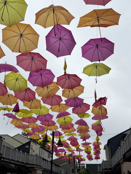 colorful umbrellas overhead