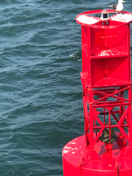 bird on a tall red buoy