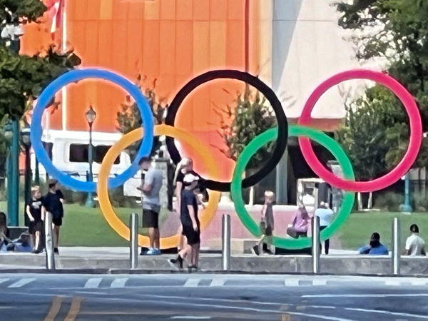 Olympic rings and lots of people