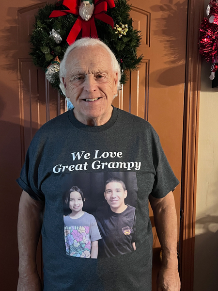 Lee Duquette and his Great Grampy shirt