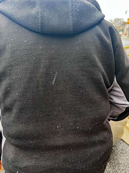 snow on Lee Duquette's Jacket