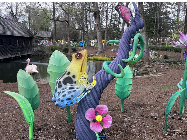 frog , flowers, butterfly and a pond