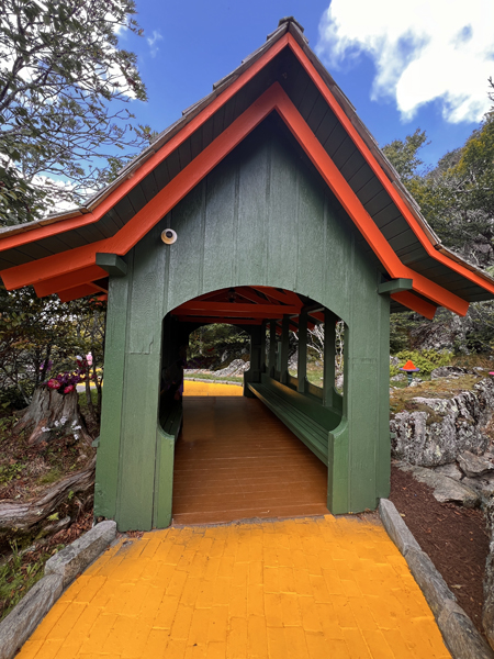 a short green covered bridge