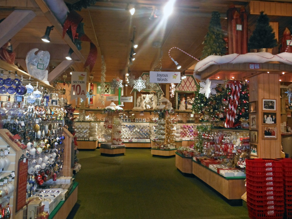 a small display of ornaments inside Bronners Christmas Wonderland