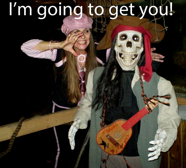Karen Duquette and a skeleten