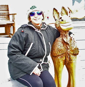 Karen and a wooden moose