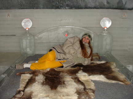 Karen checking out the ice bed