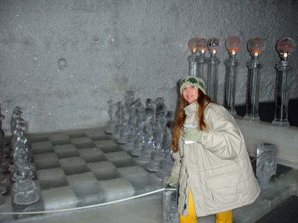 Karen and an ice chess set