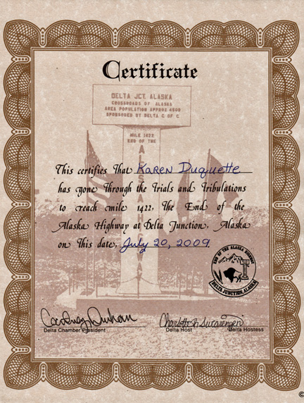 Karen Duquette's end of the Alaska Highway certificate