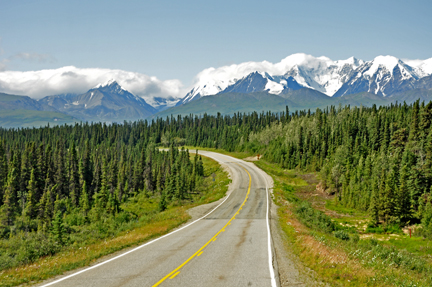 various mountains in the Alaska Range & curvy road
