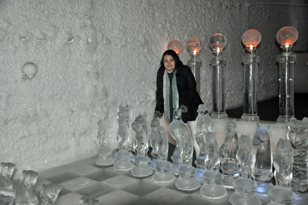 Kristen and the largest ice chess set in the world