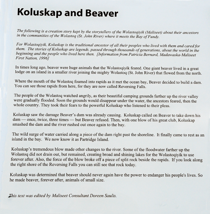 sign at Wolastaq Park about the Koluskap and Beaver