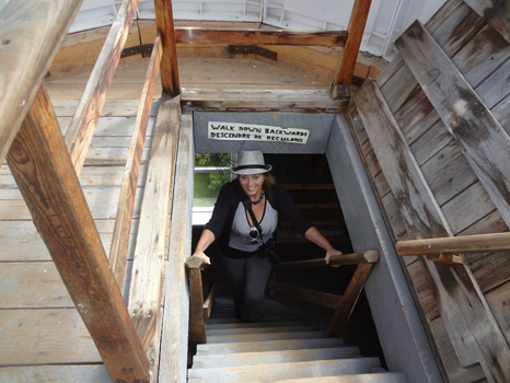 Karen Duquette climbing UP the staircase.
